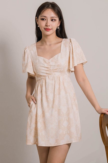 Angela Flutter Sleeve Babydoll Romper Dress (Sandstone Moroccan Tunes)