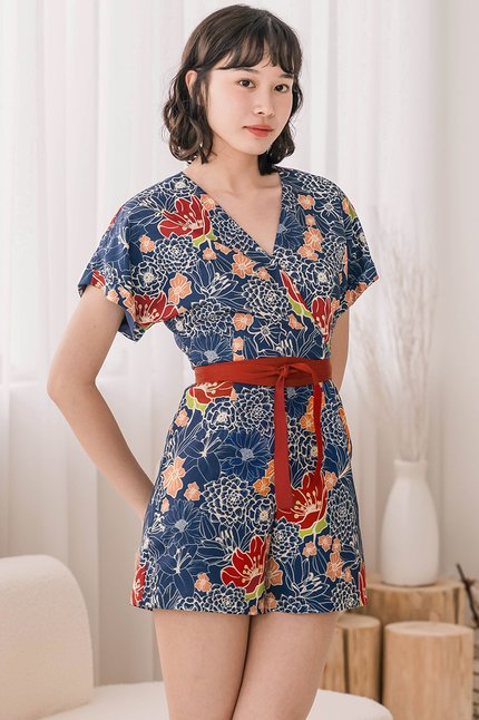 Hana Cuffed Sleeve Colourblock Romper (Royal Peranakan)