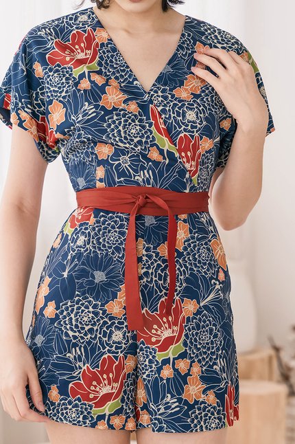 Hana Cuffed Sleeve Colourblock Romper (Royal Peranakan)