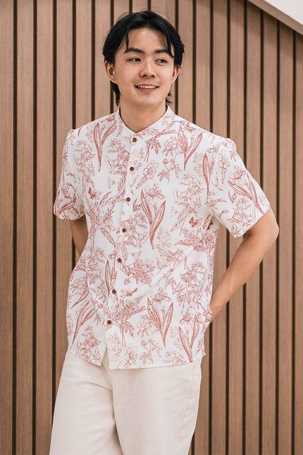 Hans Mandarin Collar Shirt (Brick Red Enchanted Reverie)