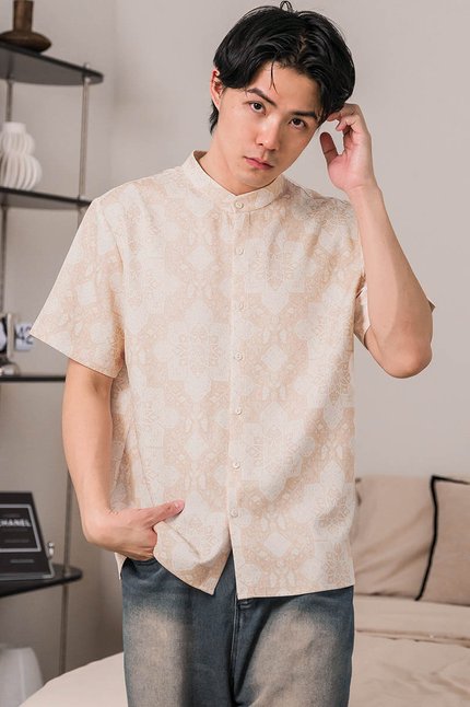 (Backorder - Arrive AFTER CNY) Hans Mandarin Collar Shirt (Sandstone Moroccan Tunes)