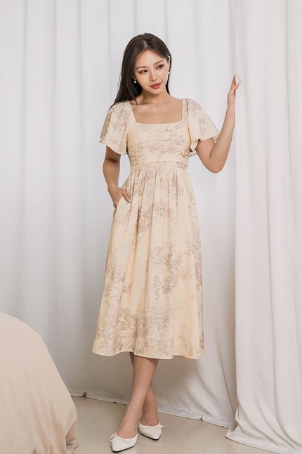 Heather Padded Flutter Sleeve Folds Midi Dress (Fawn Earthy Bliss)