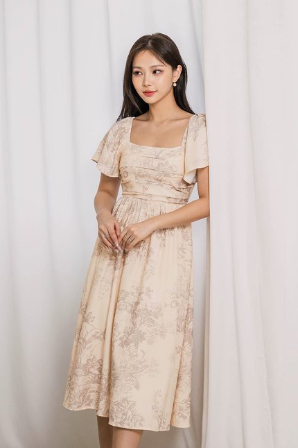 Heather Padded Flutter Sleeve Folds Midi Dress (Fawn Earthy Bliss)