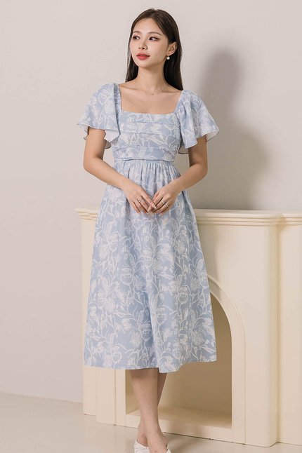 (Backorder - Arrive AFTER CNY - Size XS INSTOCKS) Heather Padded Flutter Sleeve Folds Midi Dress (Lake Blue Batik)