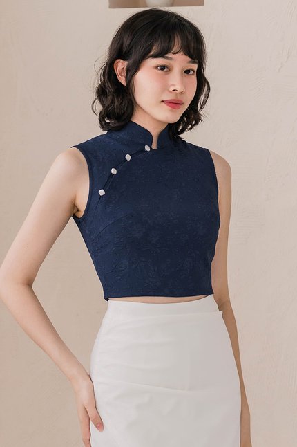 Milly Halter Cheongsam Top (Midnight Emboss)