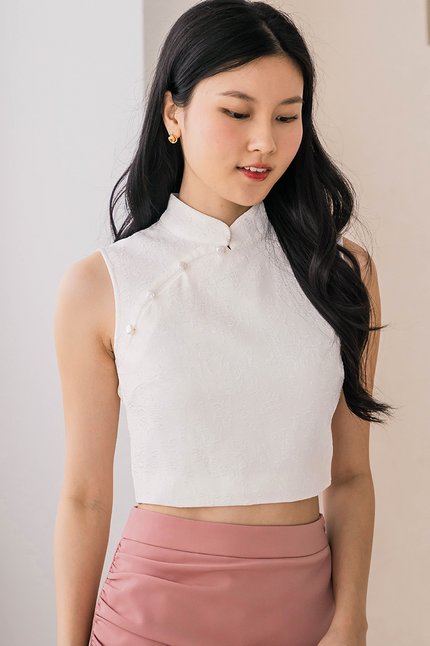 Milly Halter Cheongsam Top (White Emboss)
