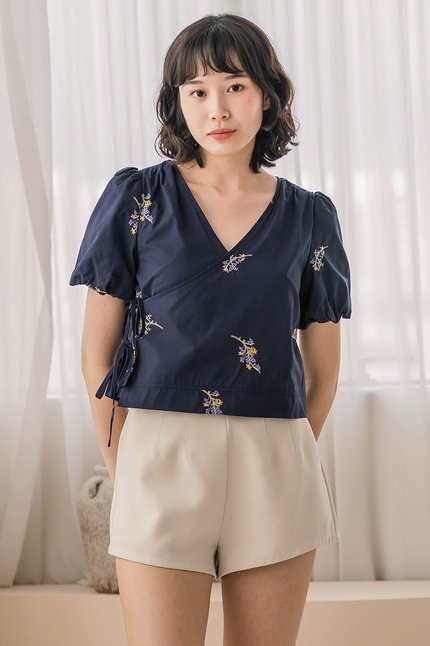 Mira Tie-Ribbon Wrap Top (Navy Embroidery)