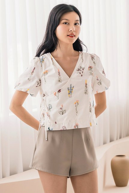 Mira Tie-Ribbon Wrap Top (Opulent Bloom Embroidery)