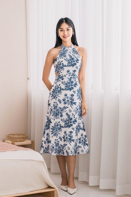 Railey Cut-Out Halter Padded Midi Dress (Navy Floral Euphoria)
