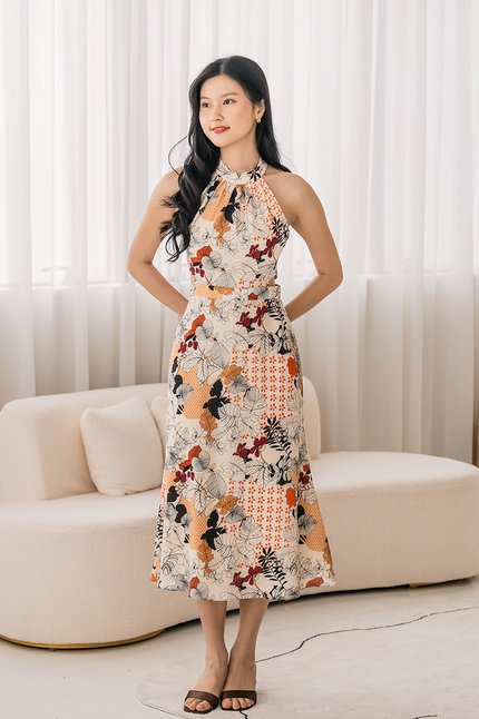 Railey Cut-Out Halter Padded Midi Dress (Tropical Print)