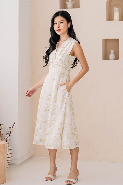Uma Folds Midi Dress (Serenity Blooms)