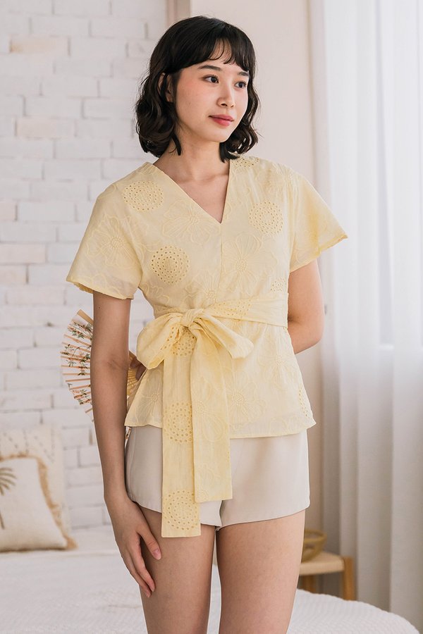 Aika Kimono Wrap Tie-Waist Embroidery Top (Daffodil)
