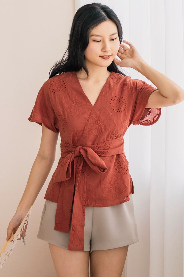 Aika Kimono Wrap Tie-Waist Embroidery Top (Rust)
