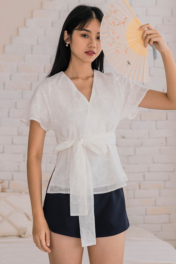 Aika Kimono Wrap Tie-Waist Embroidery Top (White)