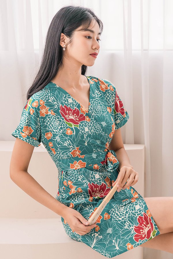 Alyssa Cuffed Sleeve Wrap Dress (Teal Peranakan)