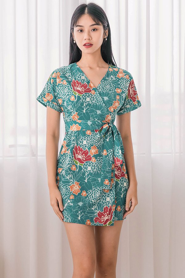 Alyssa Cuffed Sleeve Wrap Dress (Teal Peranakan)