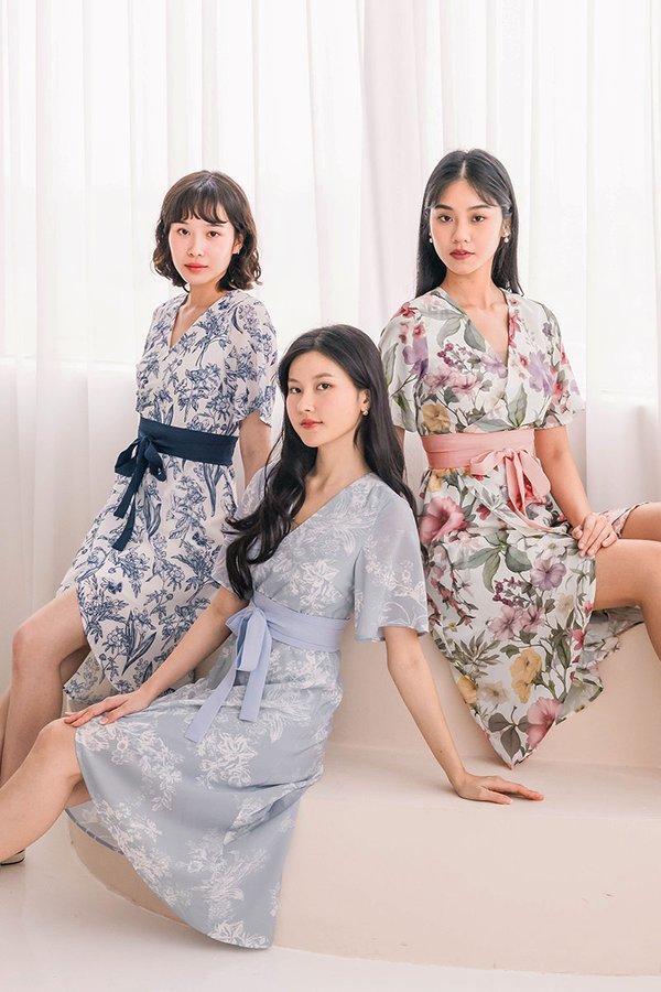 Arya Kimono Midi Dress (Lake Blue Earthy Bliss)