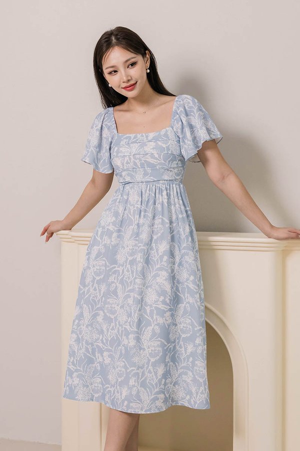 *RESTOCKED* Heather Padded Flutter Sleeve Folds Midi Dress (Lake Blue Batik)