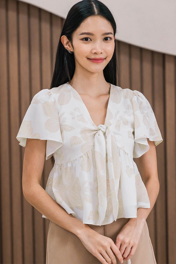 *RESTOCKED* Jayley Tie-Front Peplum Top (Sand Lavish Bloom)