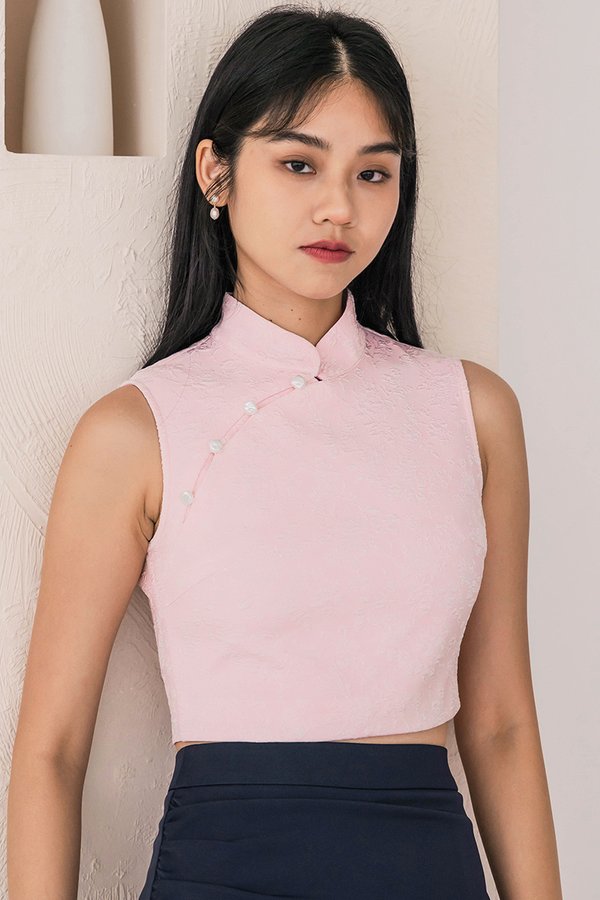 Milly Halter Cheongsam Top (Pink Emboss)