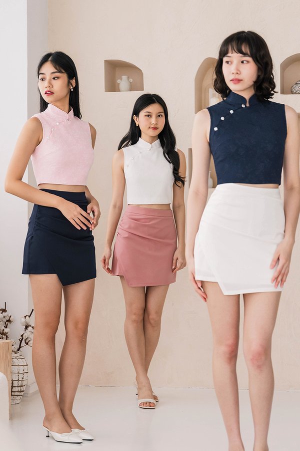 Milly Halter Cheongsam Top (White Emboss)