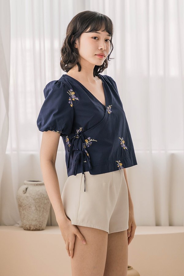Mira Tie-Ribbon Wrap Top (Navy Embroidery)