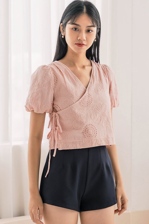 Mira Tie-Ribbon Wrap Top (Petal Pink Embroidery)