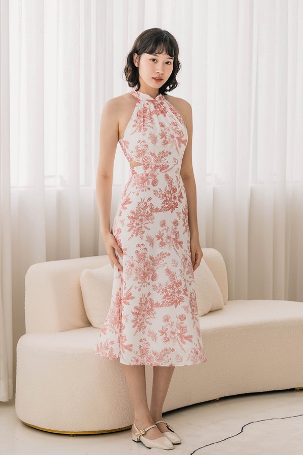 Railey Cut-Out Halter Padded Midi Dress (Rose Floral Euphoria)