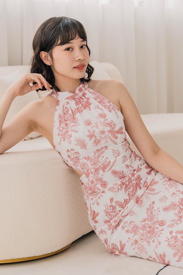 Railey Cut-Out Halter Padded Midi Dress (Rose Floral Euphoria)
