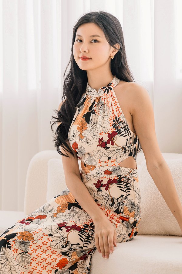 Railey Cut-Out Halter Padded Midi Dress (Tropical Print)