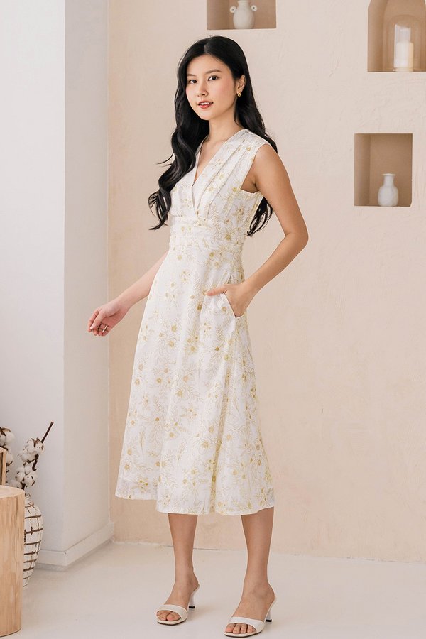 Uma Folds Midi Dress (Serenity Blooms)