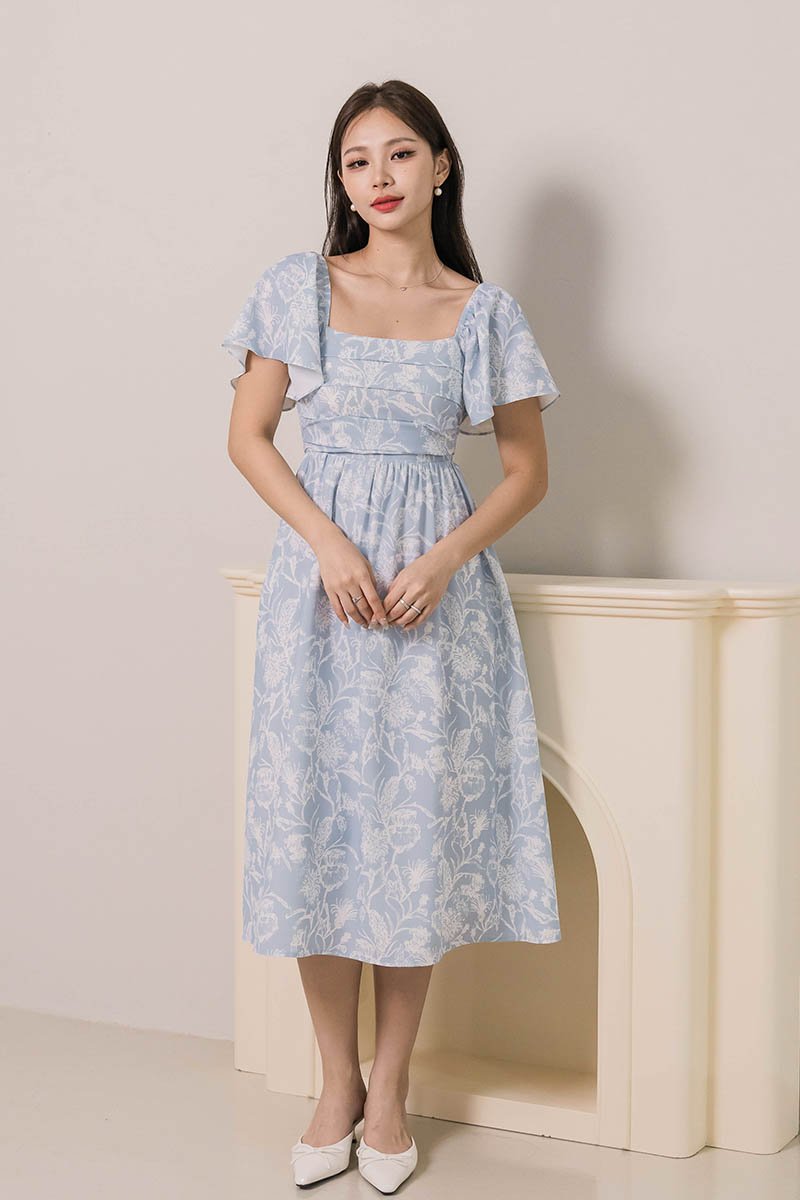 RESTOCKED* Heather Padded Flutter Sleeve Folds Midi Dress