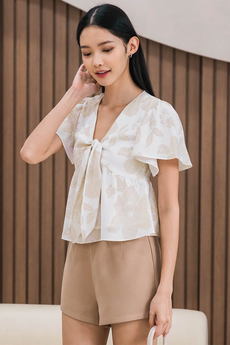 Jayley Tie-Front Peplum Top (Sand Lavish Bloom)