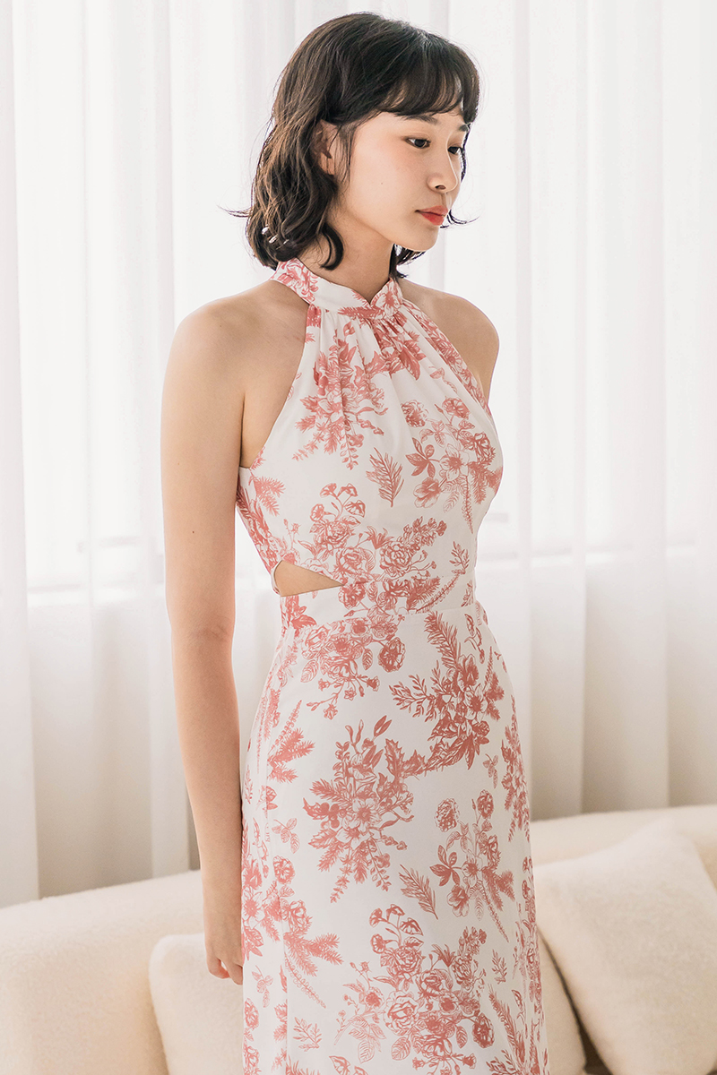 Railey Cut-Out Halter Padded Midi Dress (Rose Floral Euphoria) | Dear Lyla