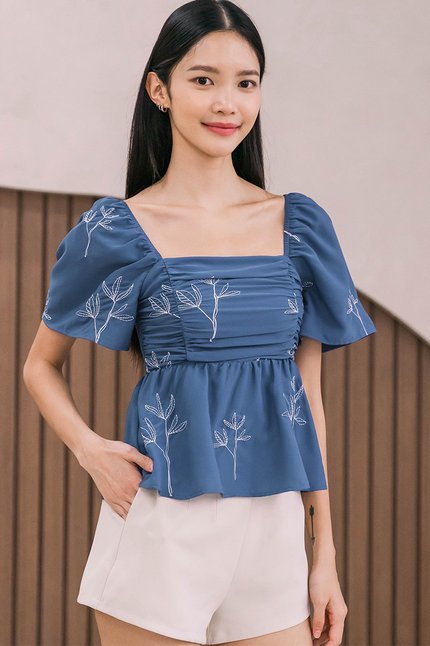 Dalsy Flutter Sleeve Ruched Peplum Top (Blue Spring Bloom)