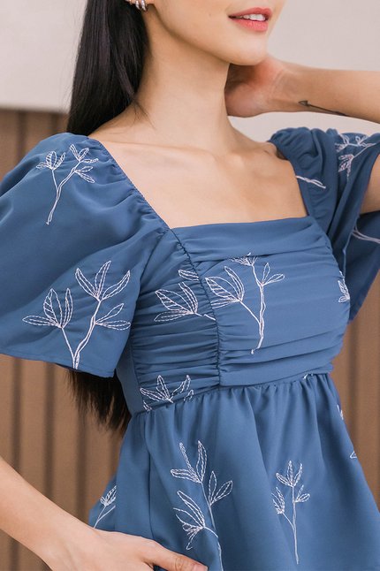 Dalsy Flutter Sleeve Ruched Peplum Top (Blue Spring Bloom)