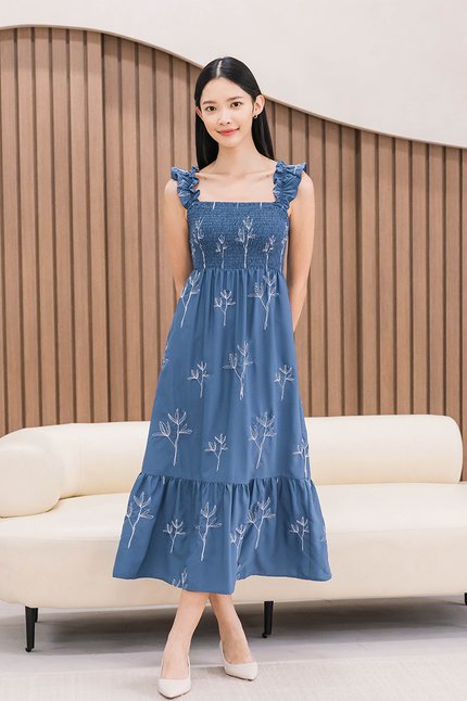 Jovial Ruffle Straps Smocked Midi Dress V2 (Blue Spring Bloom)