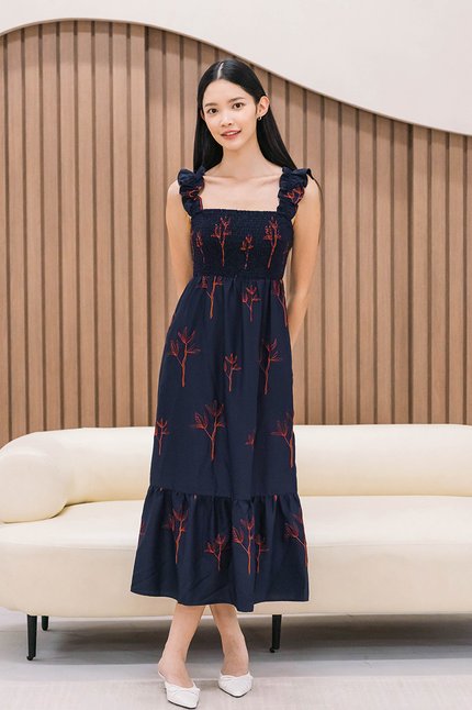 Jovial Ruffle Straps Smocked Midi Dress V2 (Navy Spring Bloom)
