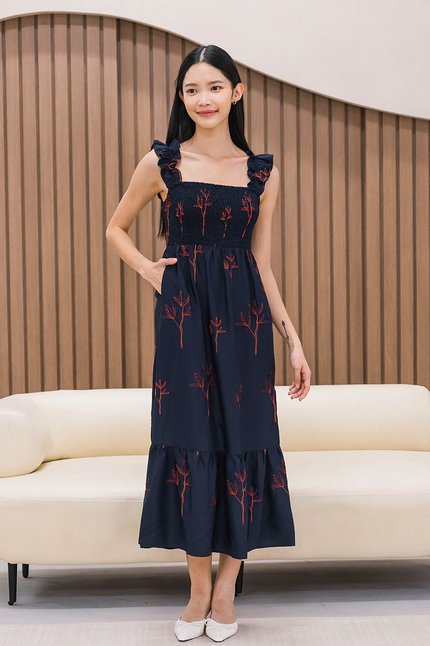 Jovial Ruffle Straps Smocked Midi Dress V2 (Navy Spring Bloom)