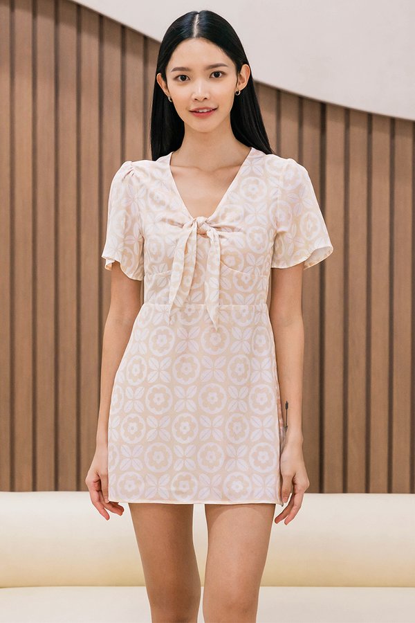 Janelle Tie-Front Romper Dress (Sand Peach Harmony)