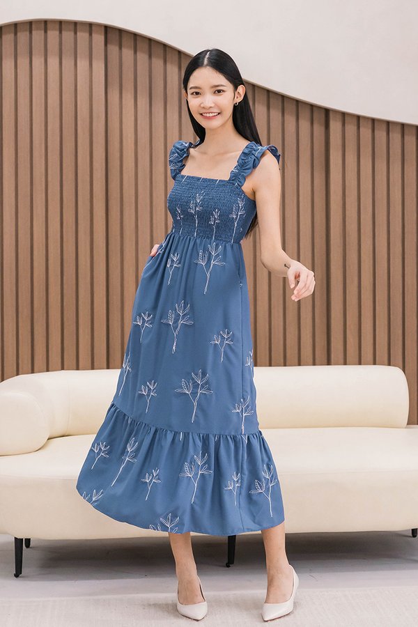 Jovial Ruffle Straps Smocked Midi Dress V2 (Blue Spring Bloom)