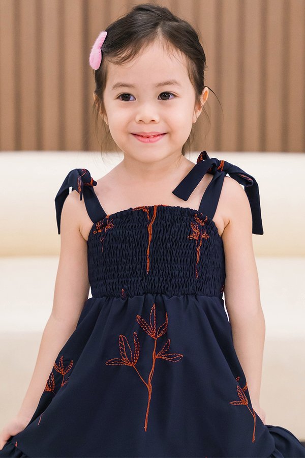 Kids Emmie Tie-Strap Smocked Dress (Navy Spring Bloom)