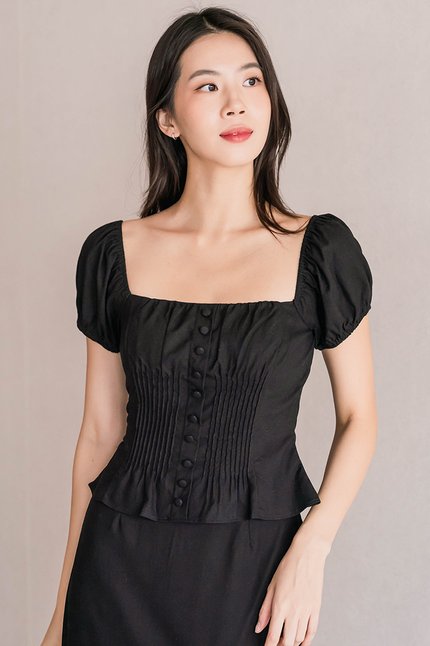 Clover Padded Pintuck Linen Top (Black)
