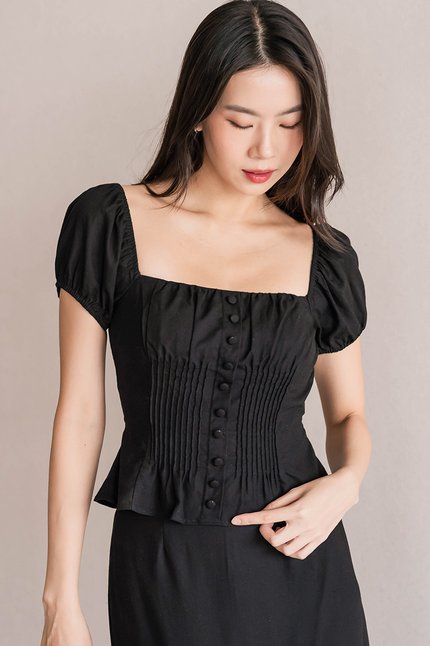 Clover Padded Pintuck Linen Top (Black)