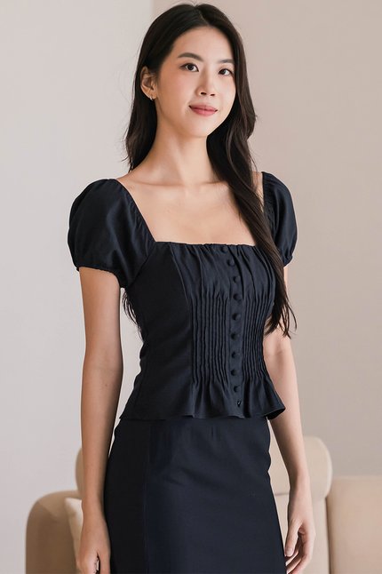 *RESTOCKED* Clover Padded Pintuck Linen Top (Midnight)