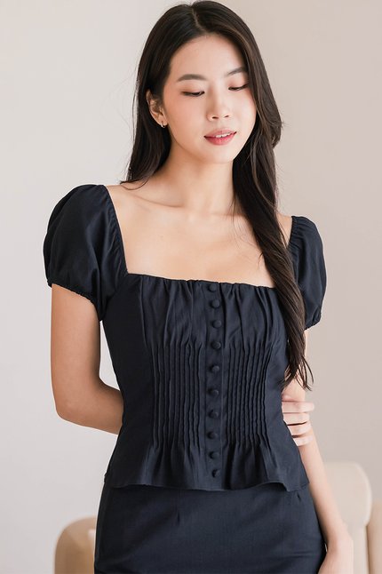*RESTOCKED* Clover Padded Pintuck Linen Top (Midnight)