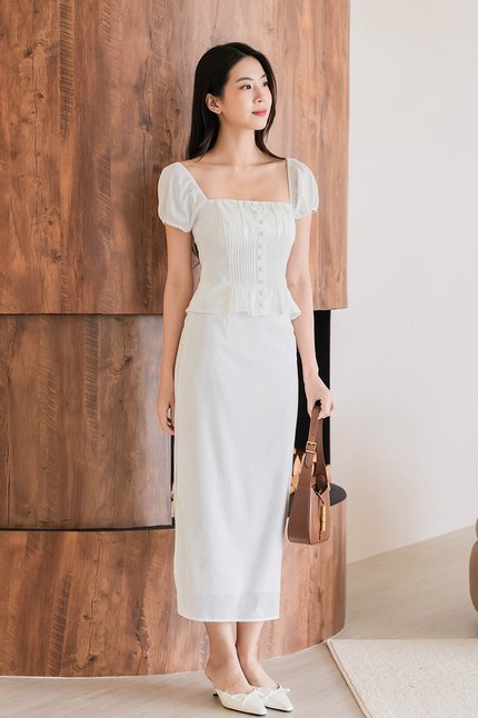 *RESTOCKED* Clover Side Slit Linen Midaxi Skirt (White)