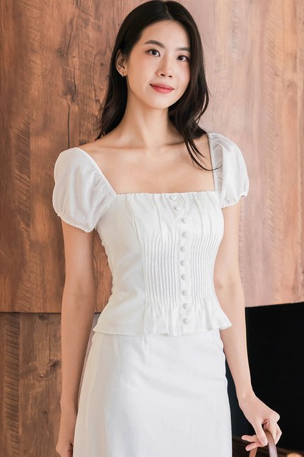 *RESTOCKED* Clover Padded Pintuck Linen Top (White)