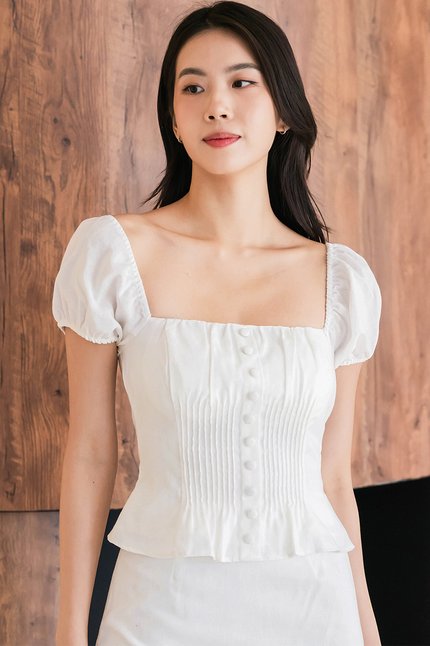 *RESTOCKED* Clover Padded Pintuck Linen Top (White)