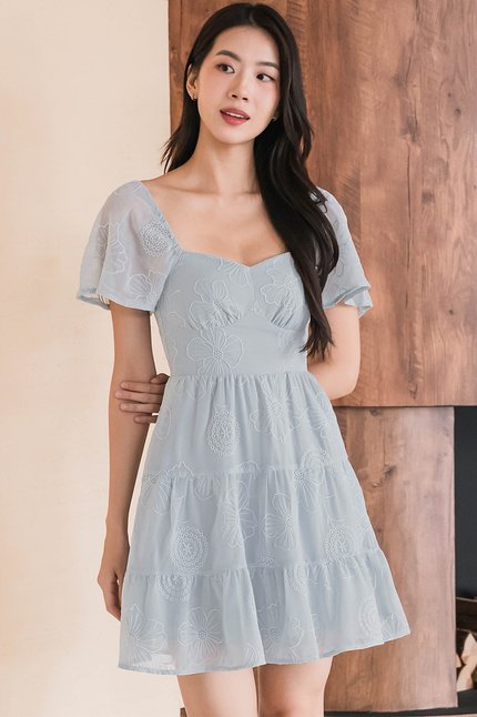 Darley Padded Flutter Sleeve Embroidery Dress (Misty Blue)